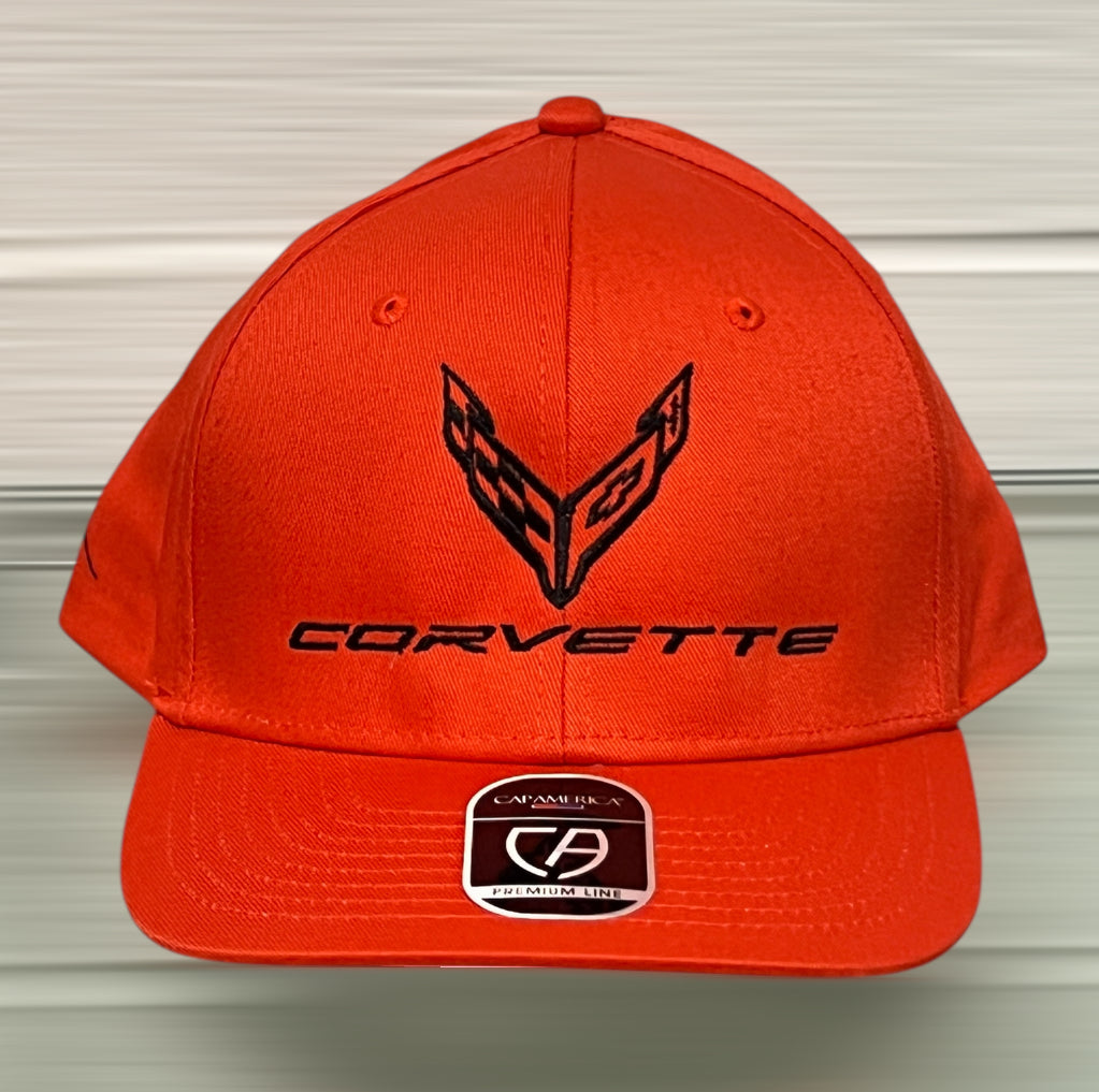 Orange C8 Corvette baseball hat by Team Lingenfelter with tonal logo embroidery, casual and sporty headwear.