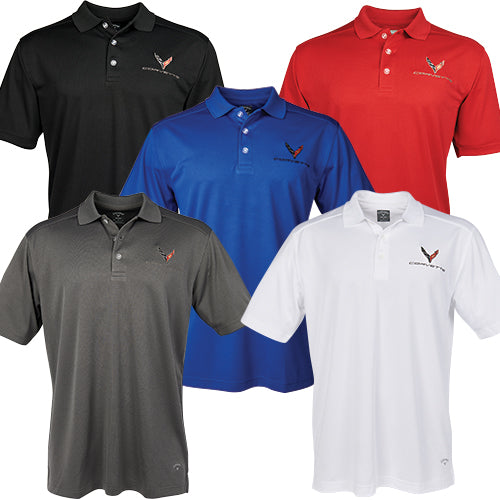 Men’s white C8 Corvette polo shirt by Team Lingenfelter, featuring a classic fit and breathable fabric for casual wear.