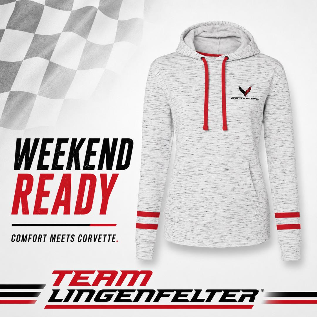 Gray hoodie with red accents and Corvette logo on a white background, featuring 'Team Lingenfelter' branding.