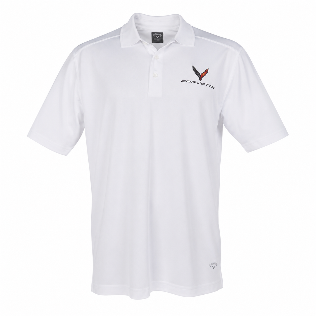 Men's white C8 Corvette polo shirt by Team Lingenfelter, casual men's clothing with a classic polo design.