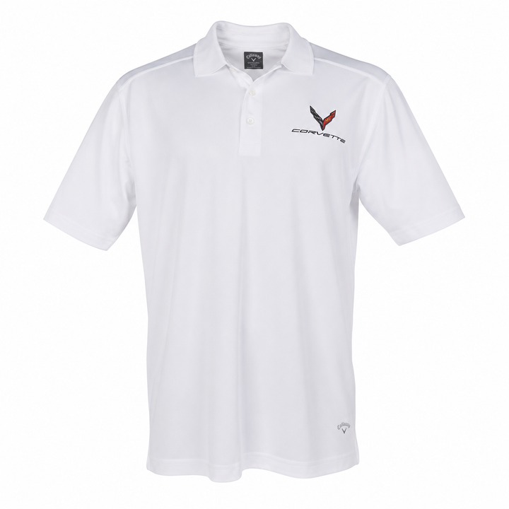 Men's white C8 Corvette polo shirt by Team Lingenfelter, casual men's clothing with a classic polo design.