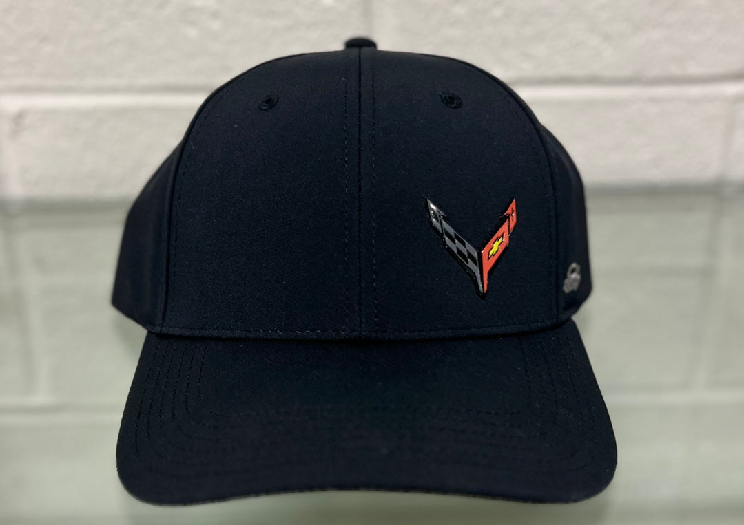 Lingenfelter Race Gear black fitted hat featuring a C8 Corvette logo, front view with curved brim and embroidered details