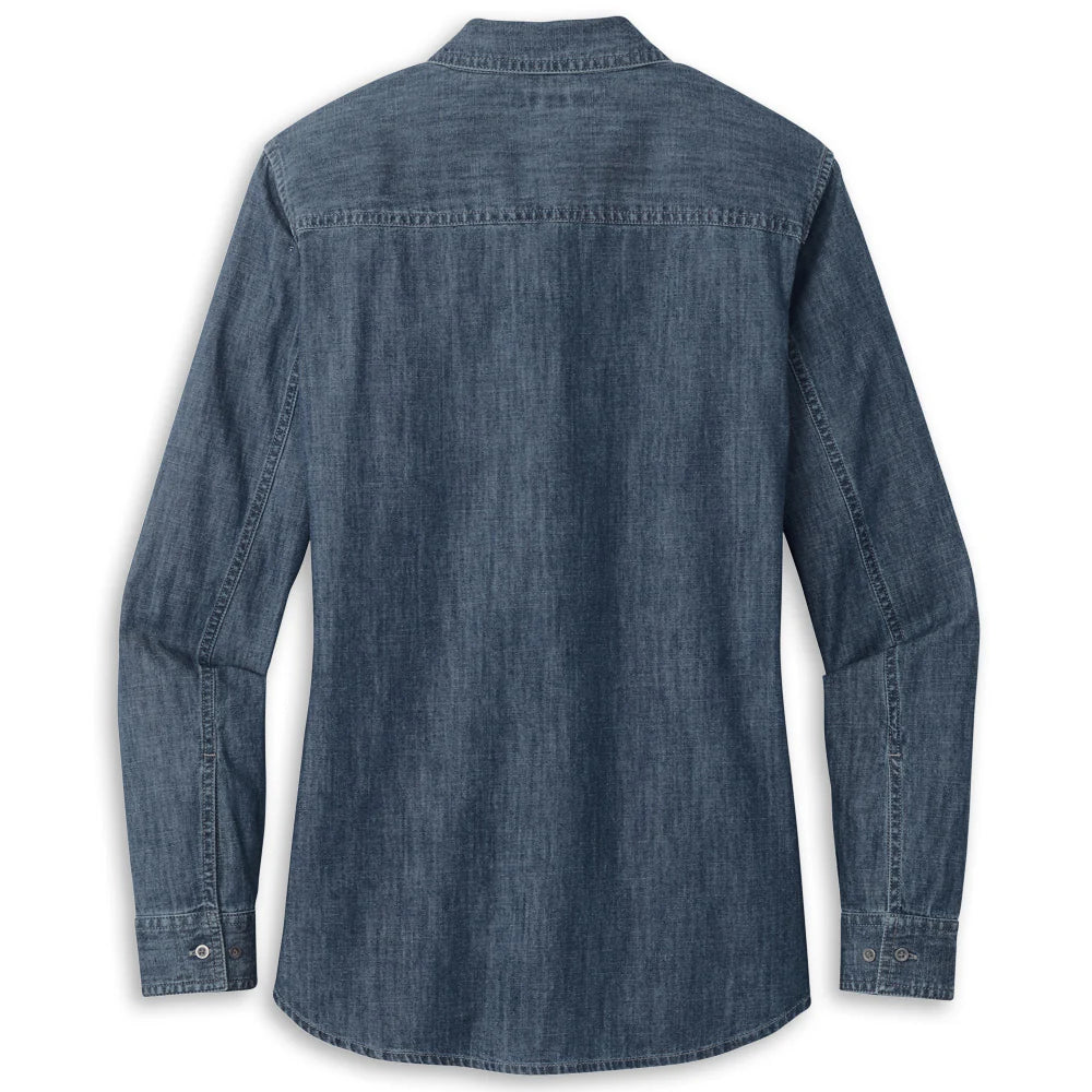C8 Corvette Denim Ladies Long Sleeve Shirt Back View