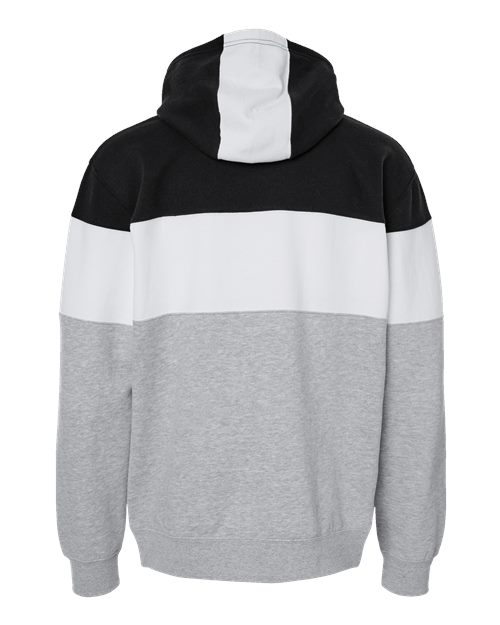 Color-blocked hoodie with black, white, and gray sections on a white background