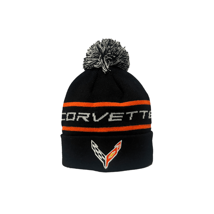 Black and orange knit hat for C8 Corvette from Lingenfelter Race Gear, featuring a sporty design and logo embroidery.