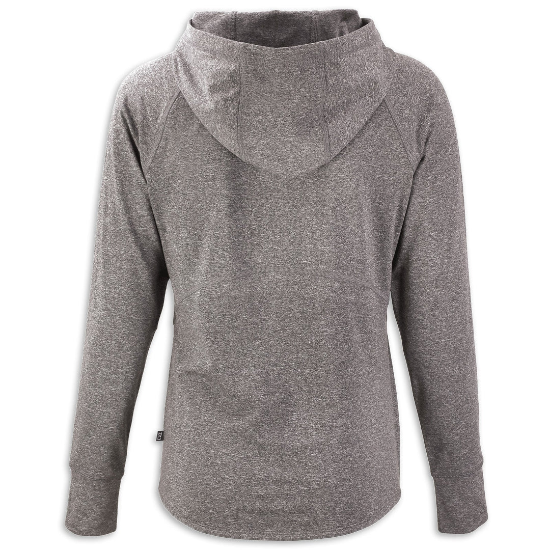 Black Heather C8 Ladies Hooded Pullover by Team Lingenfelter, front view showing hood and comfortable fit.