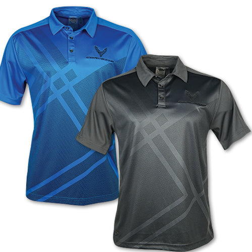 Men's grey Stormtech polo shirt by Team Lingenfelter with C8 Corvette branding, featuring a classic polo collar and short sleeves.