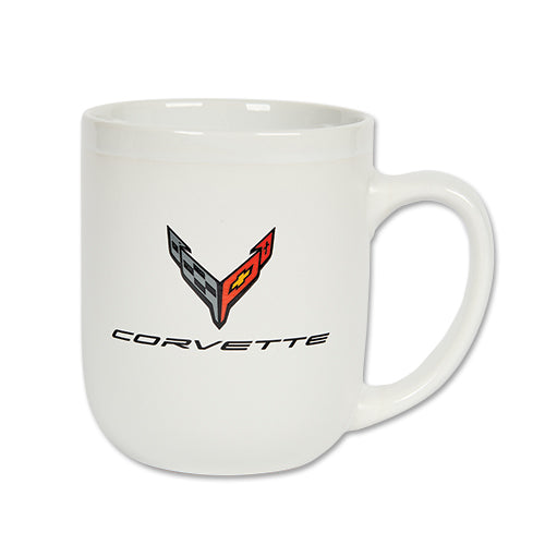 C8 Corvette Carbon Flash Model coffee mug featuring Corvette logo and sleek white design, made by Team Lingenfelter.