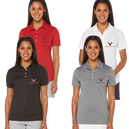 Four women wearing red, white, black, and gray polo shirts with a logo on a white background.