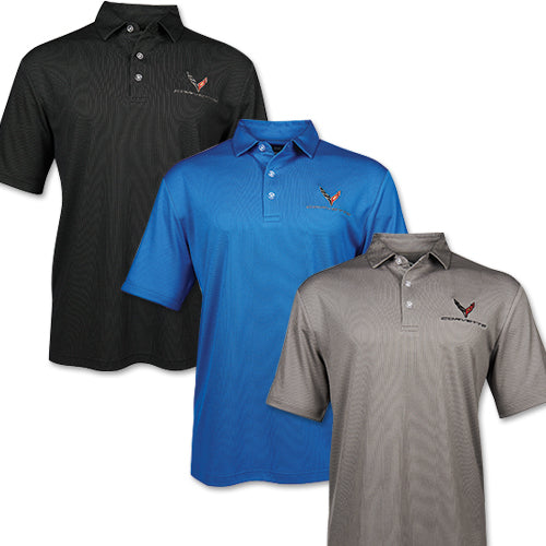 C8 Corvette Men's Shirts. Three polo shirts in black, blue, and gray with a logo on a white background