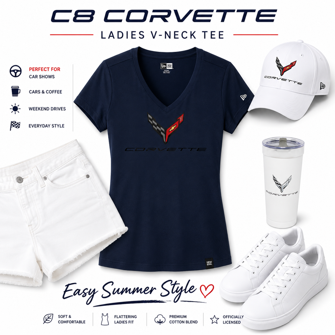 C8 Corvette-themed clothing and accessories including a navy V-neck tee, white cap, white sneakers, white pants, and a white tumbler on a white background. ladies apparel