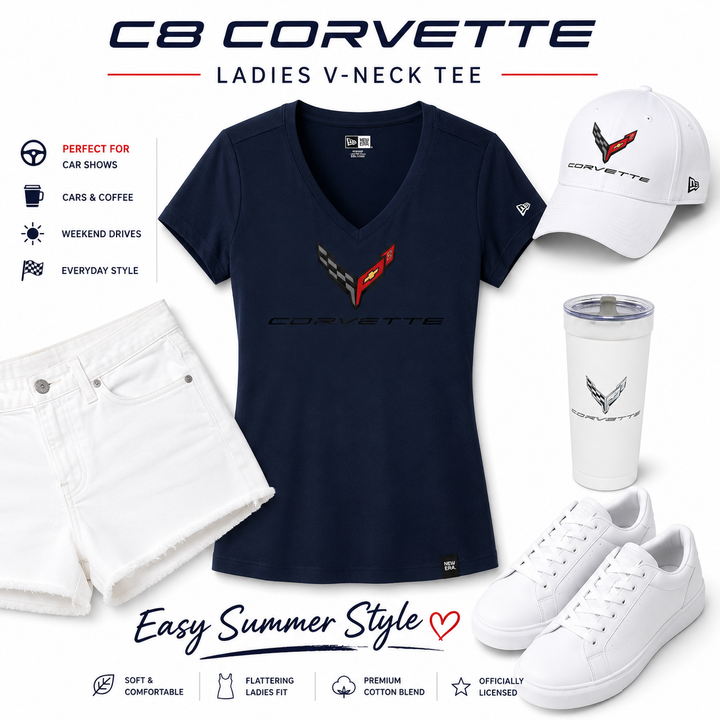 C8 Corvette-themed clothing and accessories including a navy V-neck tee, white cap, white sneakers, white pants, and a white tumbler on a white background. ladies apparel