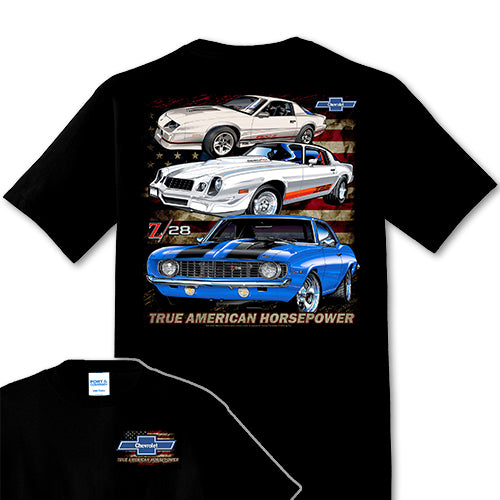 Black t-shirt with classic car graphics and 'True American Horsepower' text on a white background camaro