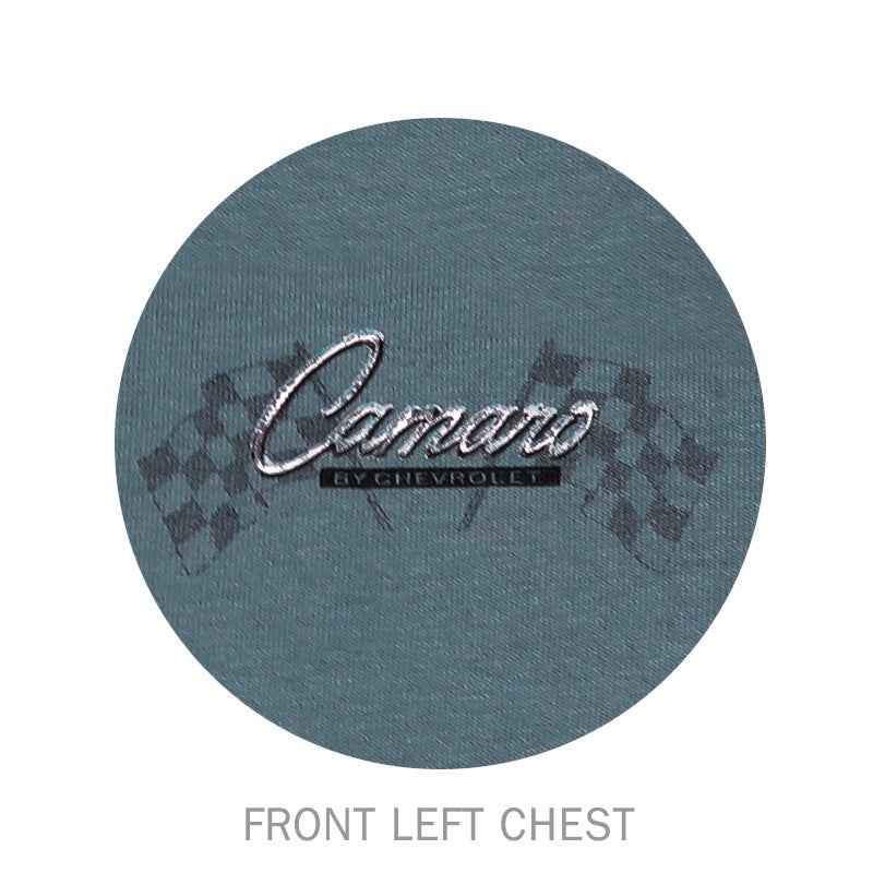 camaro by chevrolet text over two checkered flags