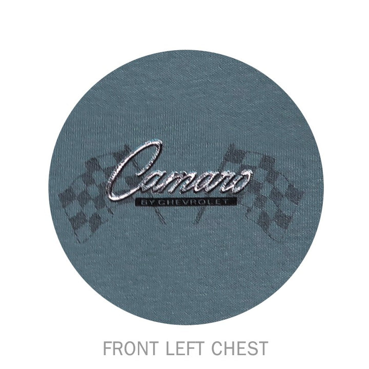 camaro by chevrolet text over two checkered flags