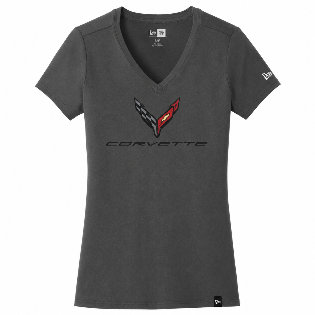 C8 Corvette Ladies T-shirt on white background.  v neck.  new era branding. 