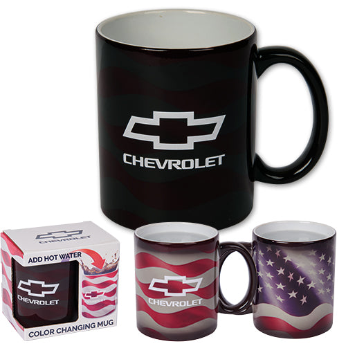 Black Chevrolet mug with a color-changing design, including packaging.