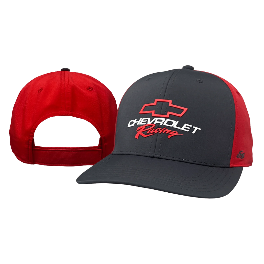 A two-tone Chevrolet Racing baseball cap shown from the front and back. The front view shows a dark gray crown with red side panels, a red and white Chevrolet bowtie logo, and 'CHEVROLET Racing' embroidered in white and red.