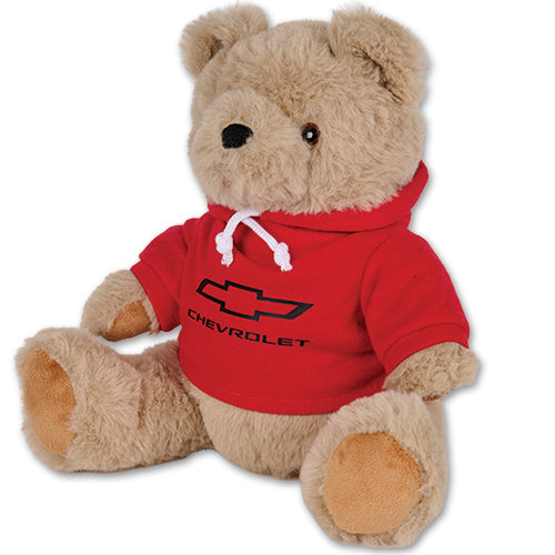 Plush teddy bear wearing a red Chevrolet hoodie on a white background