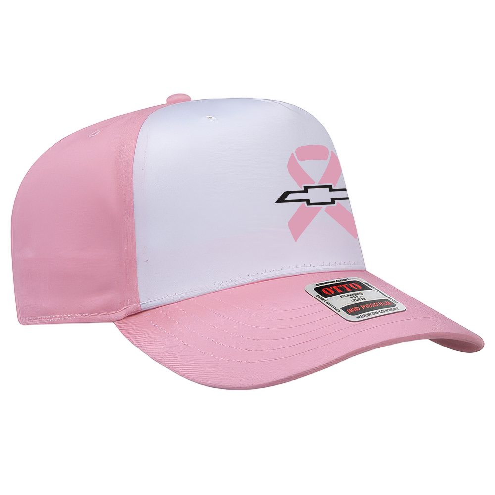 A pink and white trucker-style baseball cap featuring a pink ribbon with a Chevrolet logo on the front panel and a visible UTO patch on the brim.