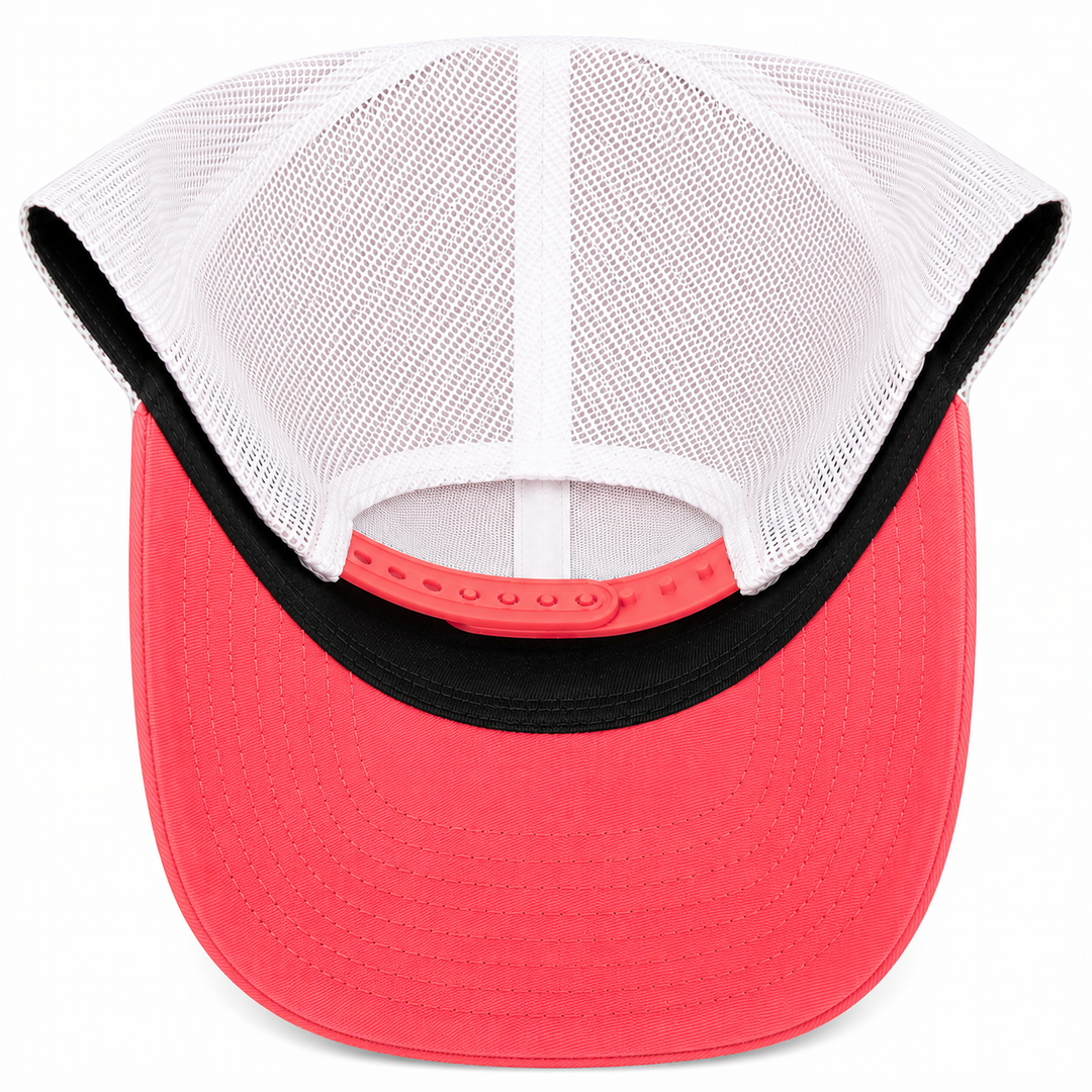 mesh trucker hat, coral bill and snap.  white mesh