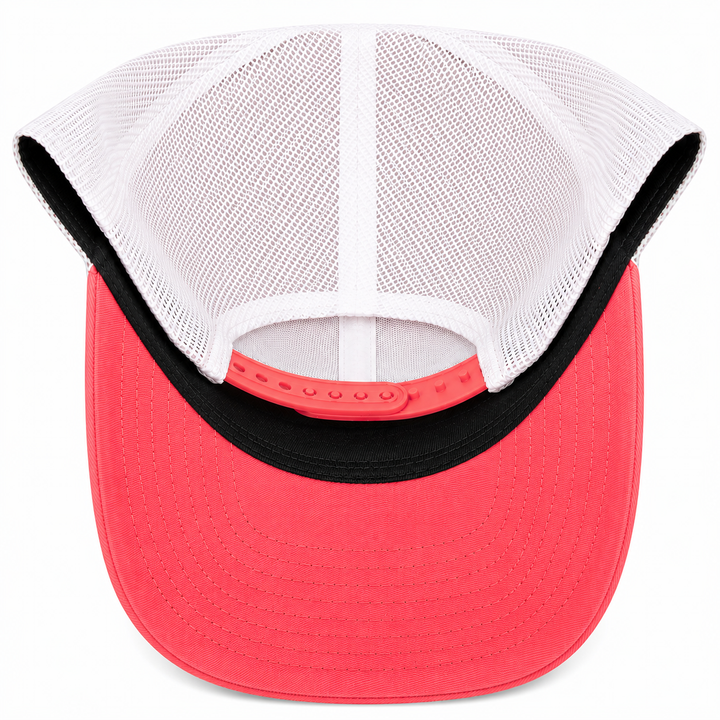 mesh trucker hat, coral bill and snap.  white mesh