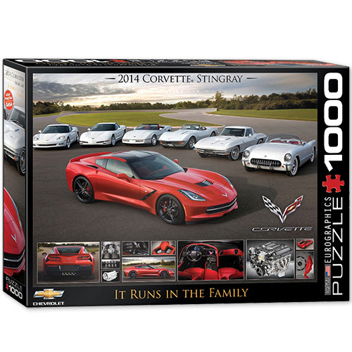 A 1000-piece jigsaw puzzle box featuring a red 2014 Corvette Stingray on the front, with other Corvette models and engine details along the bottom. The packaging is black with a red puzzle piece graphic and a vertical 'PUZZLE 1000' side panel.