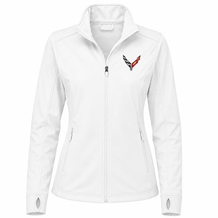 A white women's full-zip jacket with a stand-up collar, zippered hand pockets, and a small Corvette logo on the left chest, shown on a plain white background.