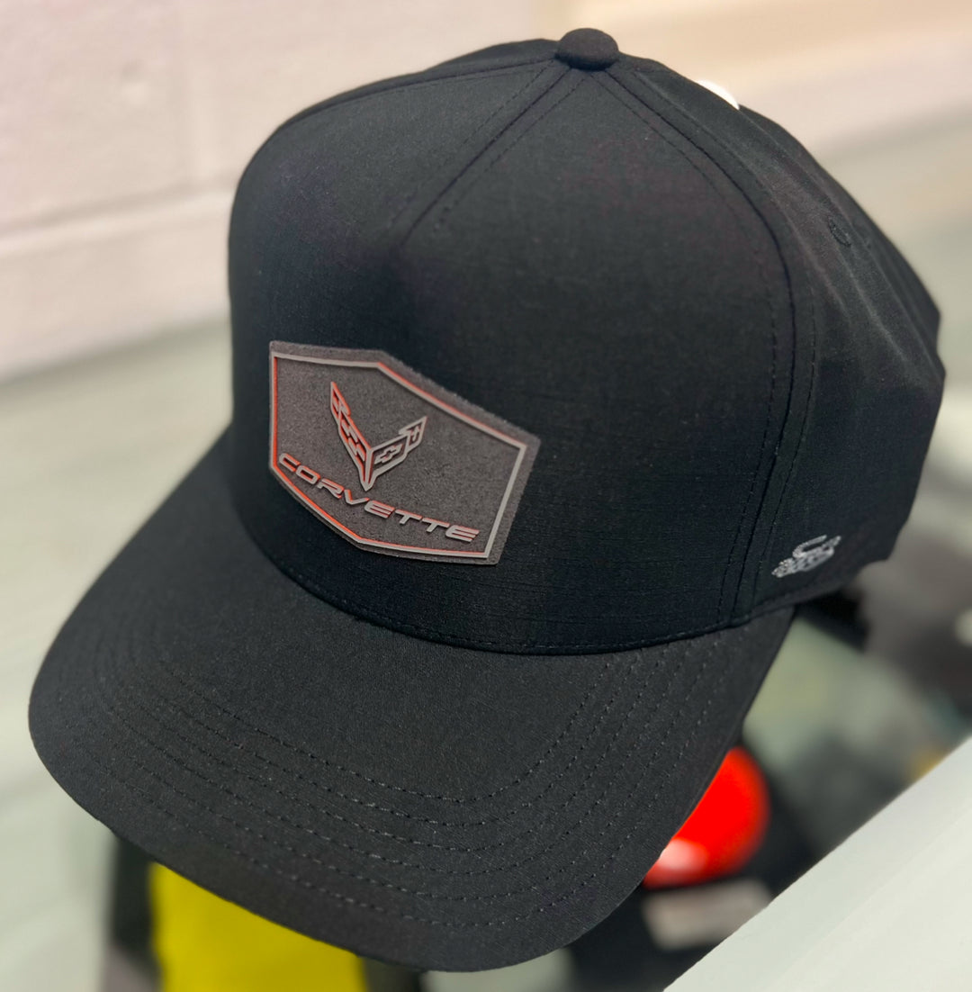 Black C8 Corvette hat with patch, adjustable hat by Team Lingenfelter featuring Corvette Stingray design.