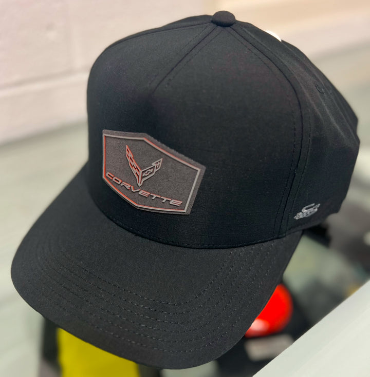 Black C8 Corvette hat with patch, adjustable hat by Team Lingenfelter featuring Corvette Stingray design.