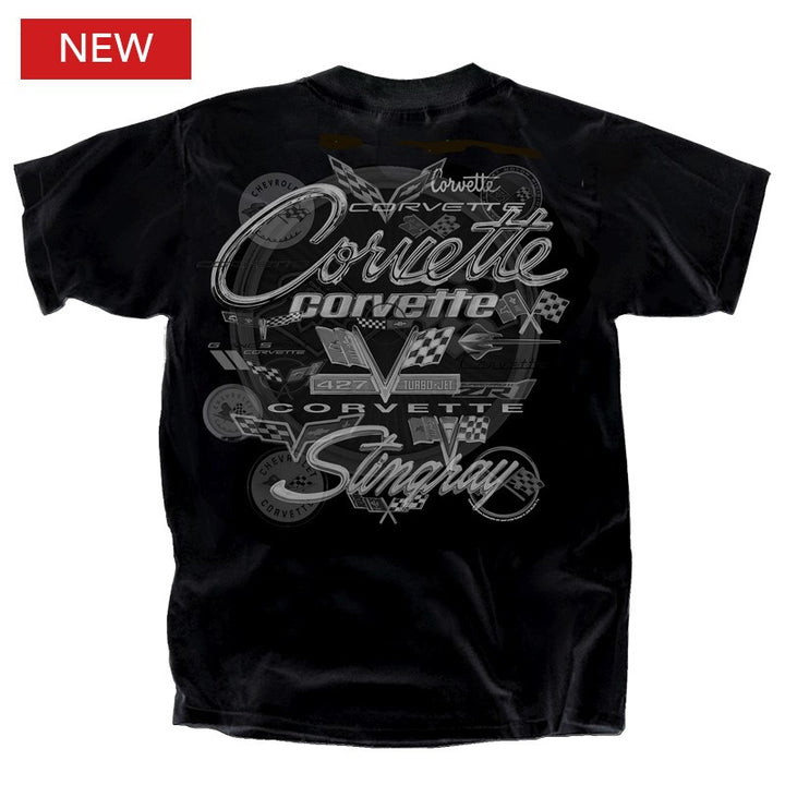 Black t-shirt with Corvette Stingray graphics on a white background