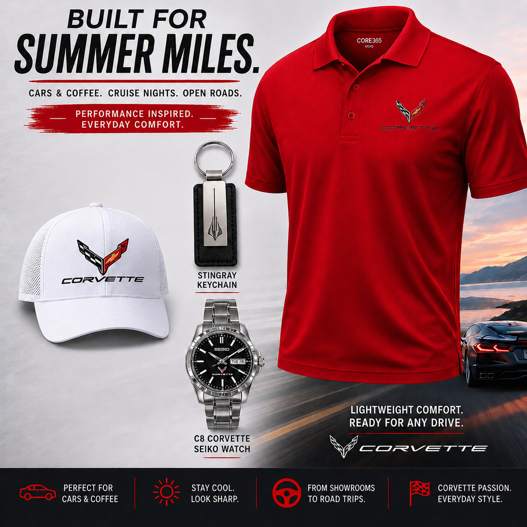 Red Corvette polo shirt with accessories on a scenic background