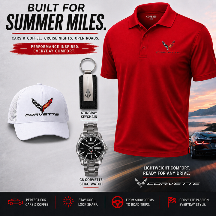 Red Corvette polo shirt with accessories on a scenic background