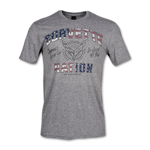 Gray t-shirt with Corvette Nation graphic on a white background