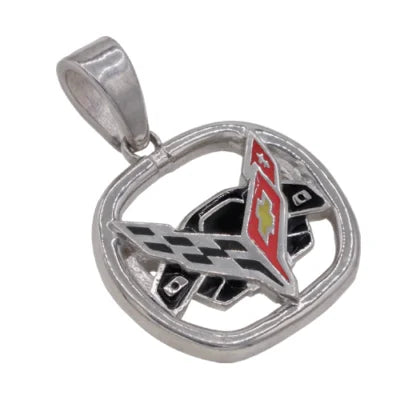 Silver pendant with a logo on a white background C8 Corvette steering wheel