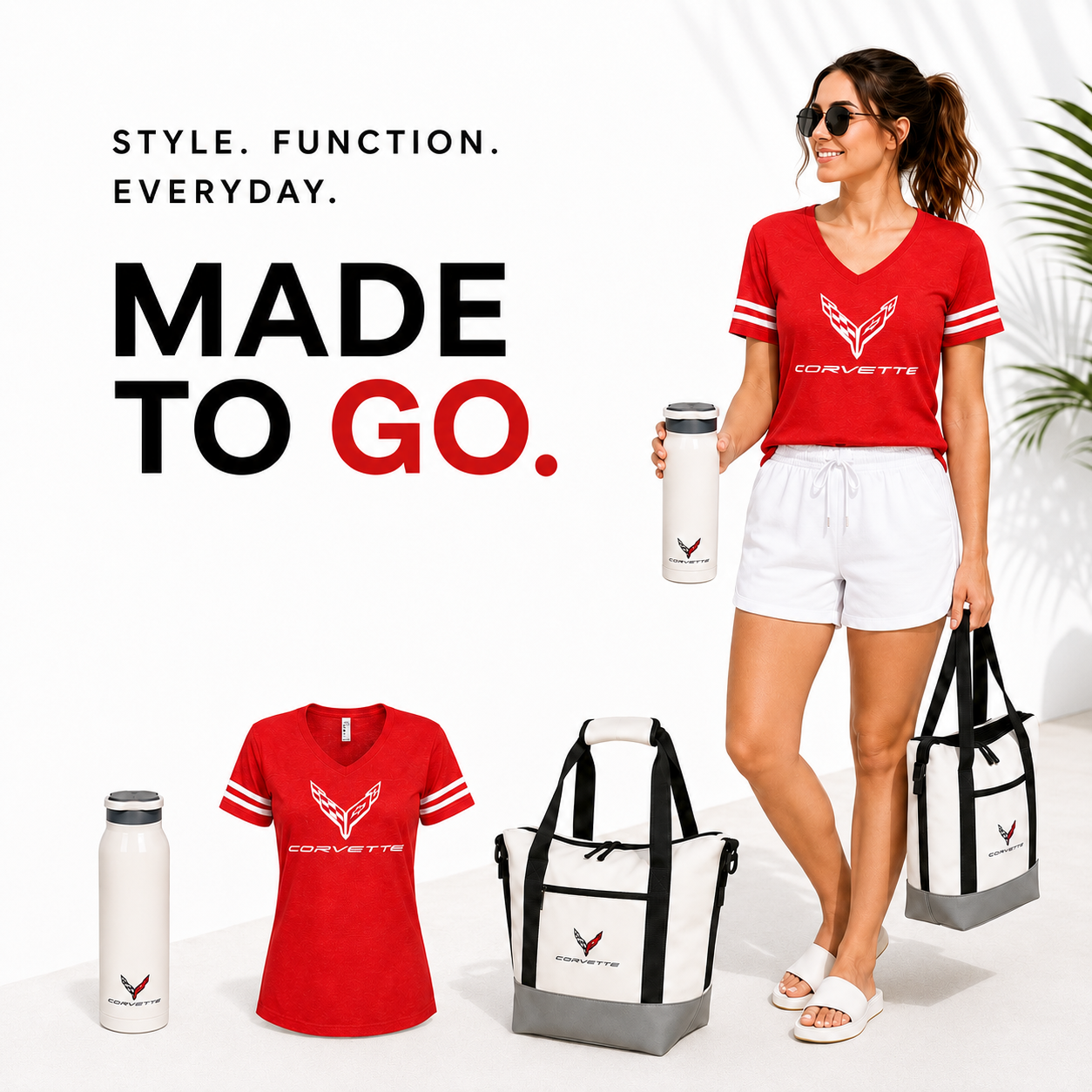 Woman in red Corvette shirt holding bags and a water bottle with text 'Made to Go'.