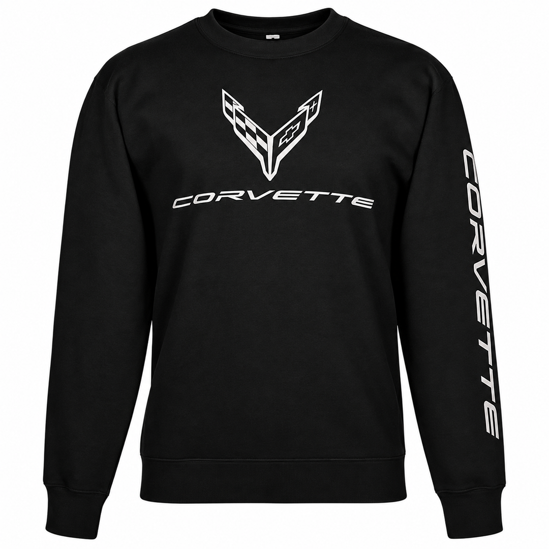 A black crewneck sweatshirt featuring a white Corvette C8 chest graphic and 'CORVETTE' text on the front, with 'CORVETTE' printed vertically down the right sleeve, shown against a plain white background.