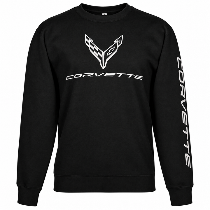 A black crewneck sweatshirt featuring a white Corvette C8 chest graphic and 'CORVETTE' text on the front, with 'CORVETTE' printed vertically down the right sleeve, shown against a plain white background.