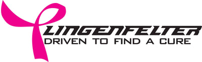 Lingenfelter logo with pink ribbon and text 'Driven to find a cure' on a white background