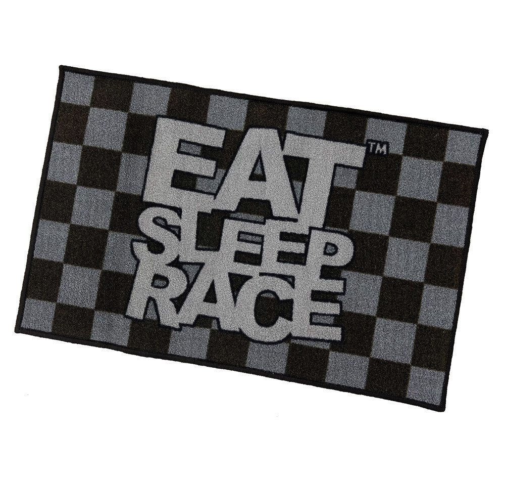 Checkered logo door mat by Team Lingenfelter featuring "Eat Sleep Race" design, ideal for garage or entryway.