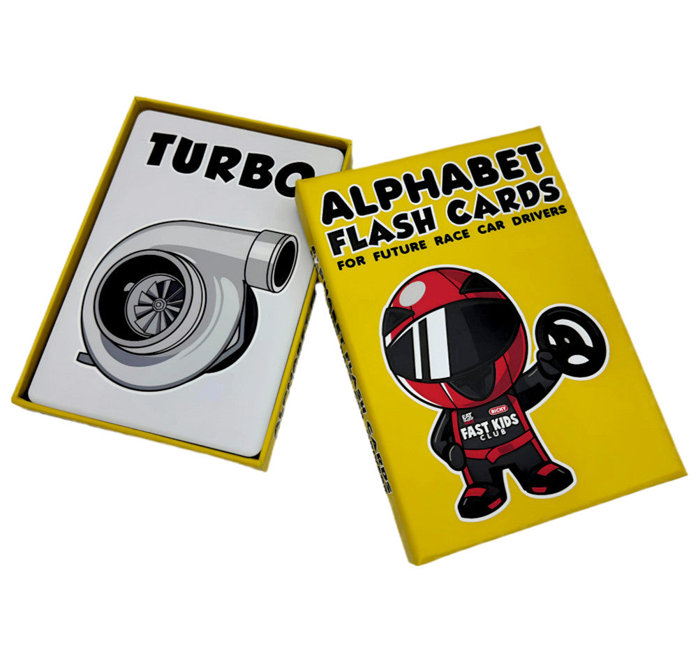 Alphabet flash cards for young race car drivers by Team Lingenfelter, featuring colorful letters and race car illustrations for kids.