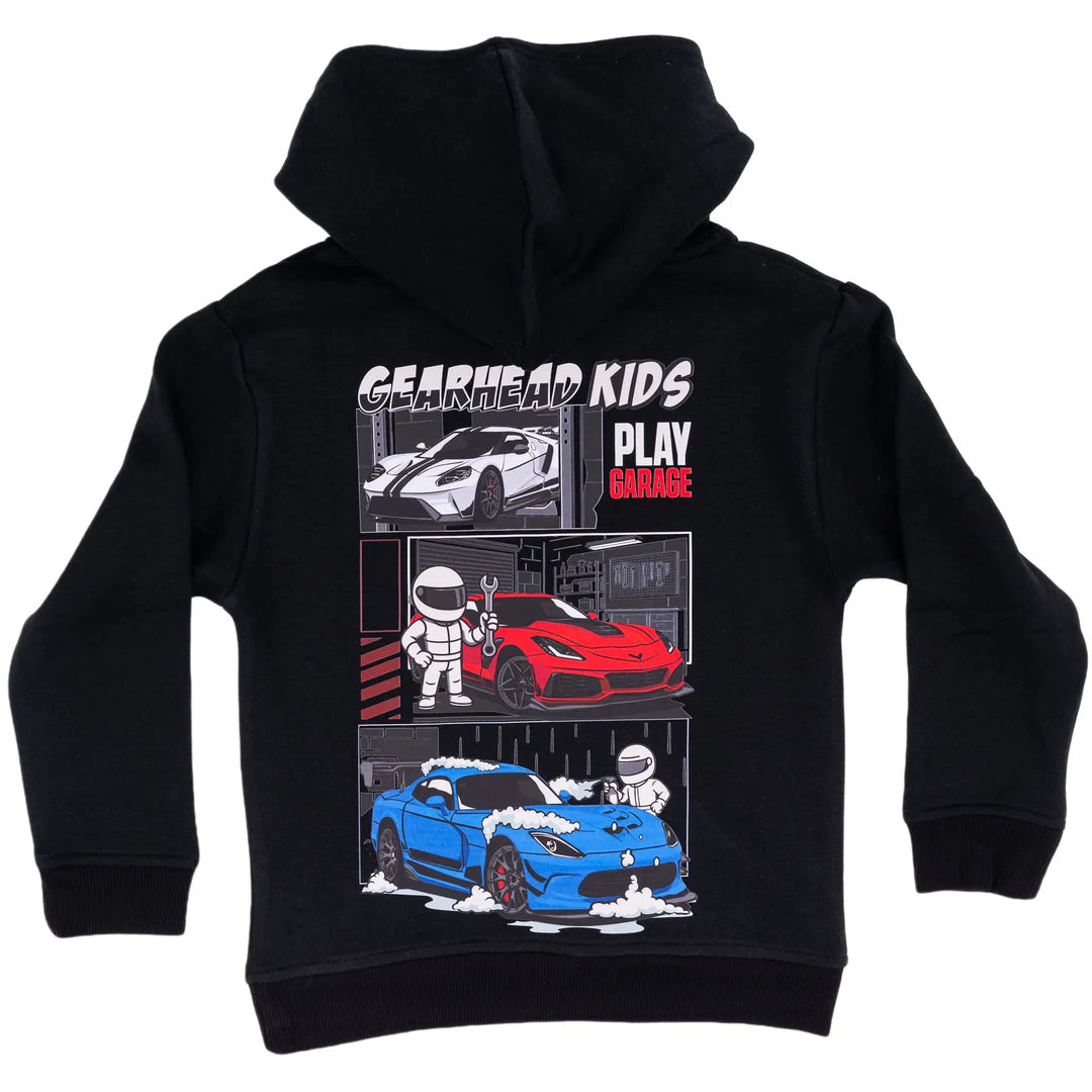 Black hoodie with car-themed graphic and text on a white background