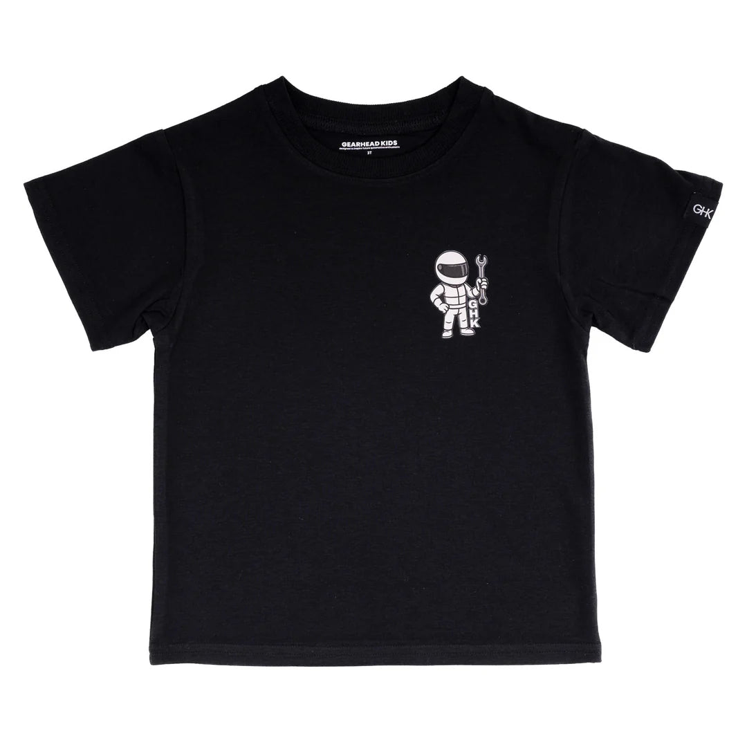 Black t-shirt with a white graphic on a white background