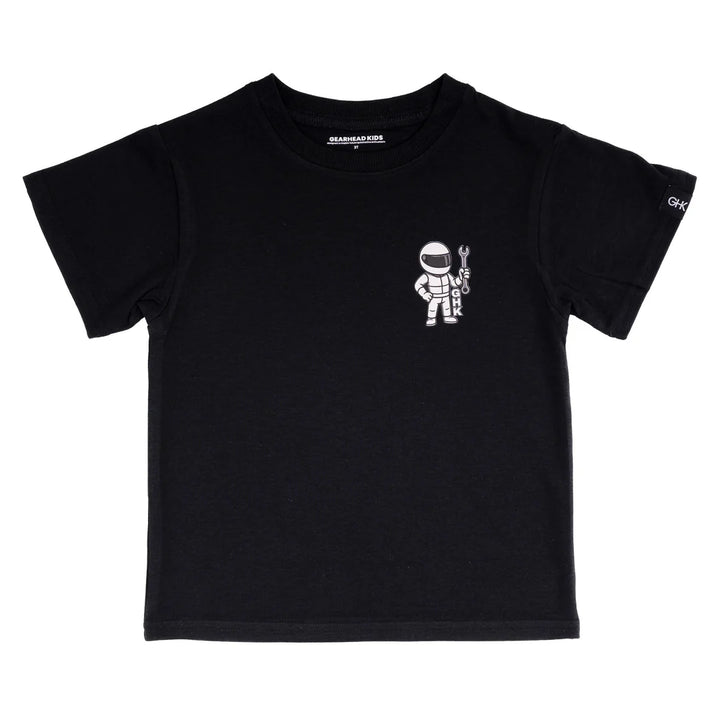 Black t-shirt with a white graphic on a white background