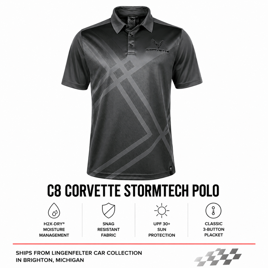 C8 Corvette Stormtech Polo men's shirt with geometric design on a white background
