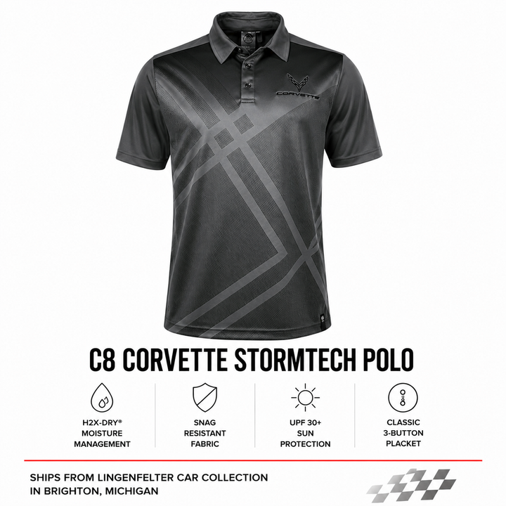 C8 Corvette Stormtech Polo men's shirt with geometric design on a white background