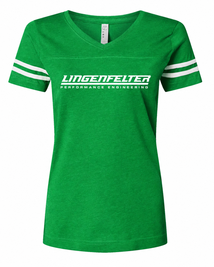 A green short-sleeve V-neck t-shirt with white stripes on the sleeves and a white 'Lingenfelter Performance Engineering' logo printed across the chest.