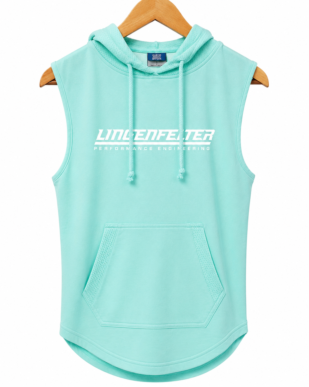 A mint green sleeveless hooded sweatshirt with a kangaroo pocket and white 'UNLENFALTER PERFORMANCE ENGINEERING' text across the chest, hanging on a wooden hanger against a white background.