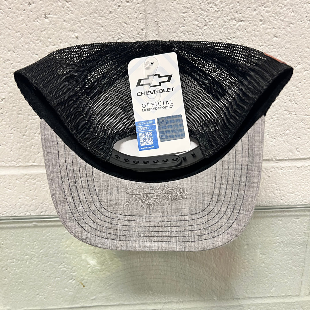 Back view of a gray and black Lingenfelter Race Gear C8 Corvette hat, showcasing the stylish design and comfortable fit.