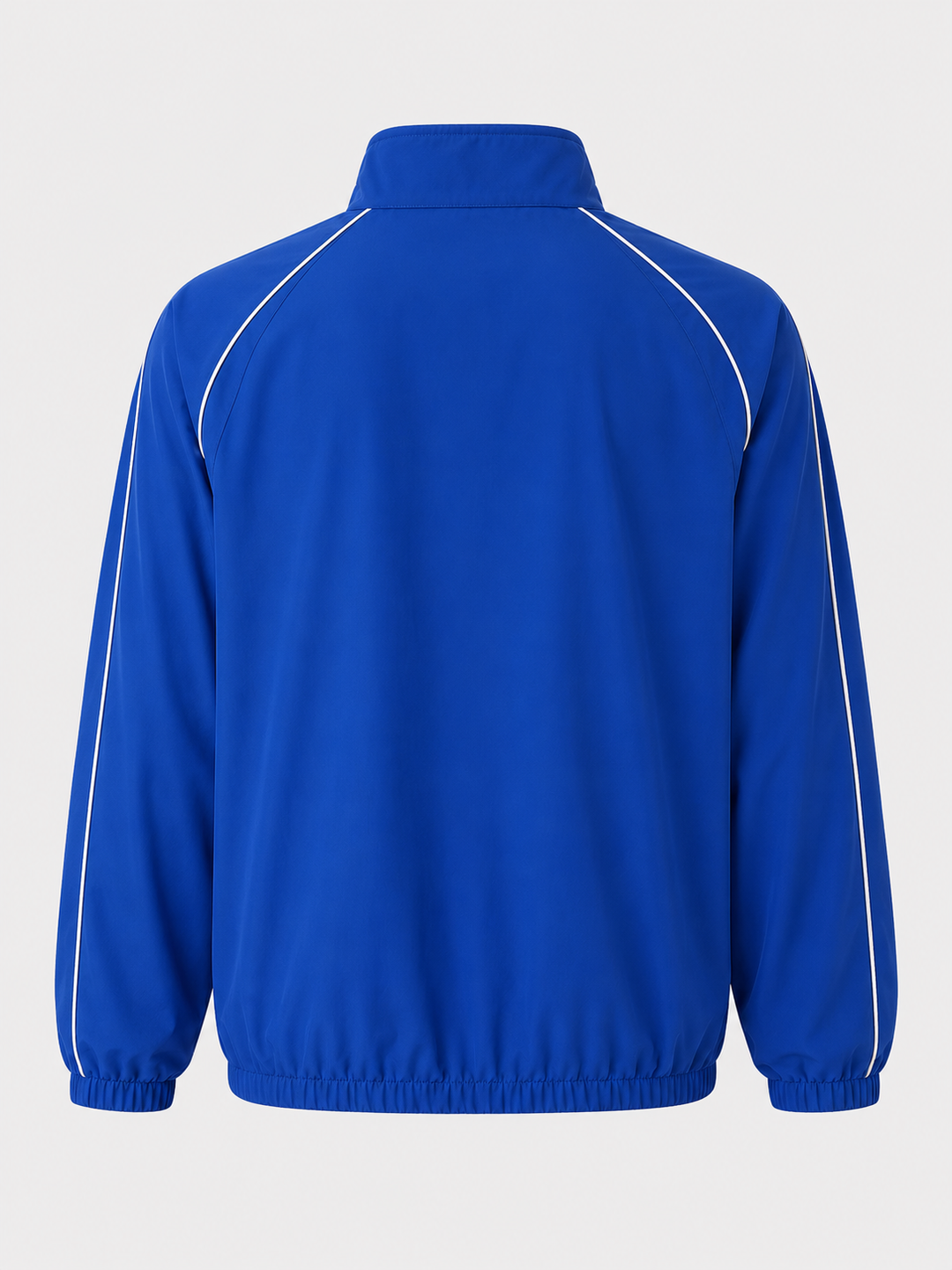 A royal blue track jacket shown from the back, featuring white contrast piping along the shoulders and sleeves, set against a light gray background.